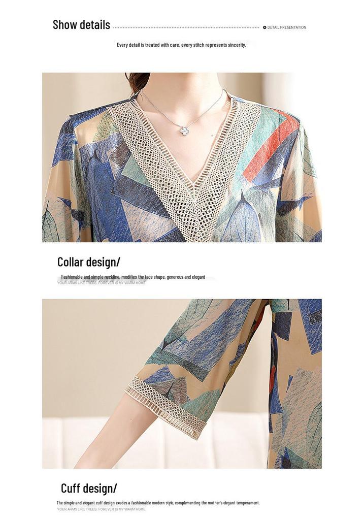 Stylish Chiffon Summer Outfit Set for Middle-Aged Mothers: Short-Sleeved Blouse and Pants