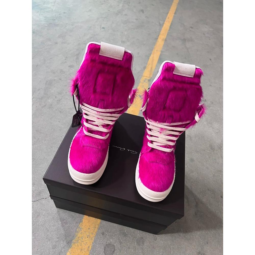Brand Women Shoes Pink Furry Sneaker Men Shoe High-Top Sneakers Quality Horsehair Genuine Leather Fashion Designer Ankle Boots