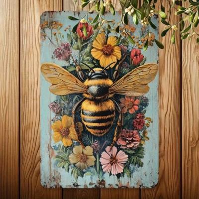 Vintage Metal Tin Sign Bee Flowers Wall Art 8x12 Inch Retro Iron Painting Home Decor