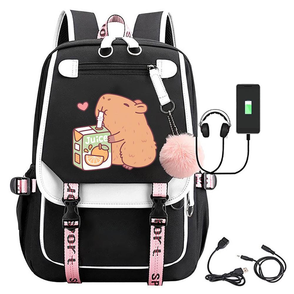 Capybara Printed Usb Backpack Middle School Student Outdoor Travel School Bag