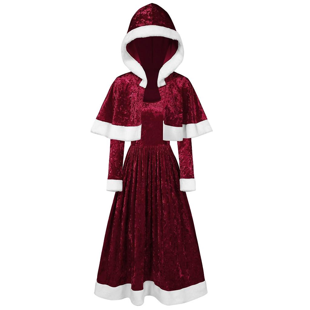 Womens Merry Christmas Velvet Long Sleeve  Festival Dress And Hooded Cape