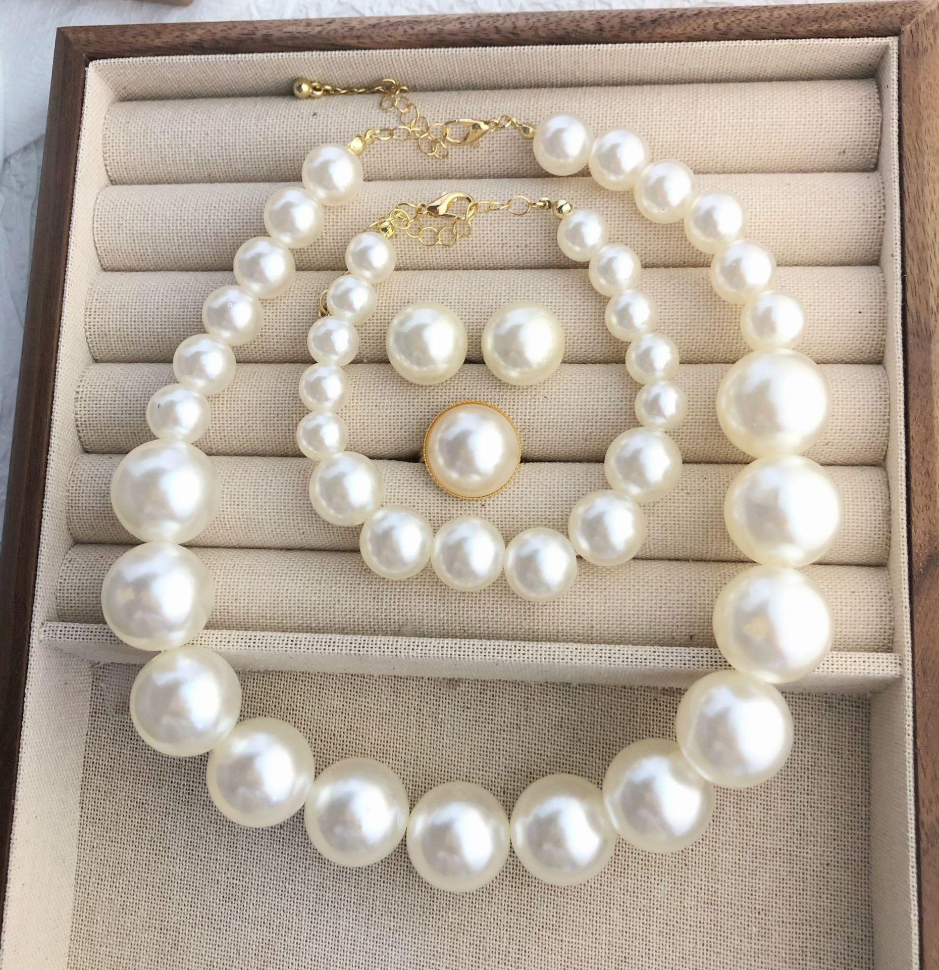 

Exaggerated Beaded Pearl Necklace & Earring Set with Ring & Bracelet - Women s Bridal Accessories