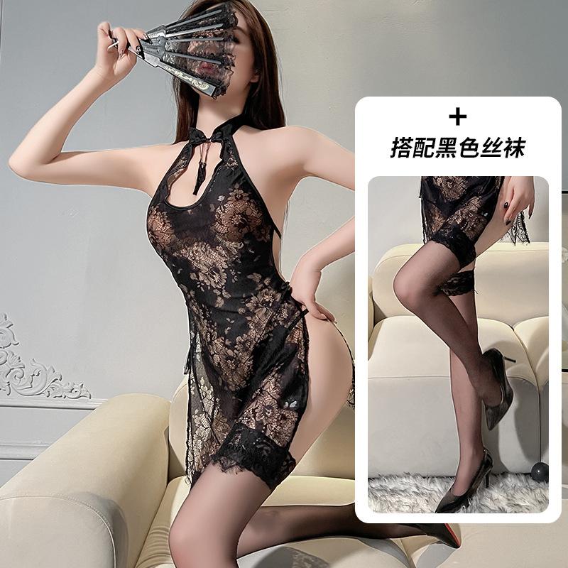 New sexy retro cheongsam sexy cheongsam uniform temptation slit hollowed out hot lace see-through nightdress set