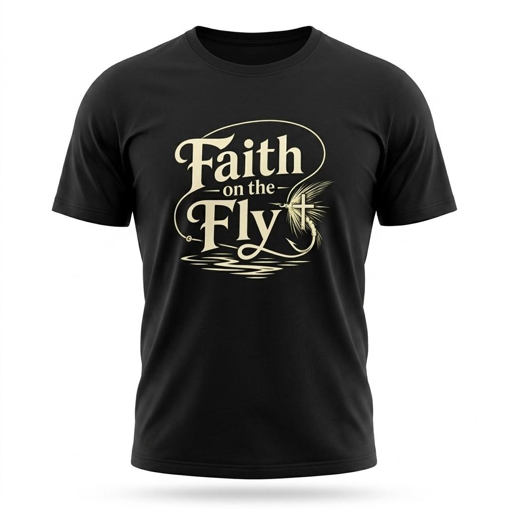 Faith on the Fly Christian Fly Fishing Black T-Shirt Religious Angler Tee