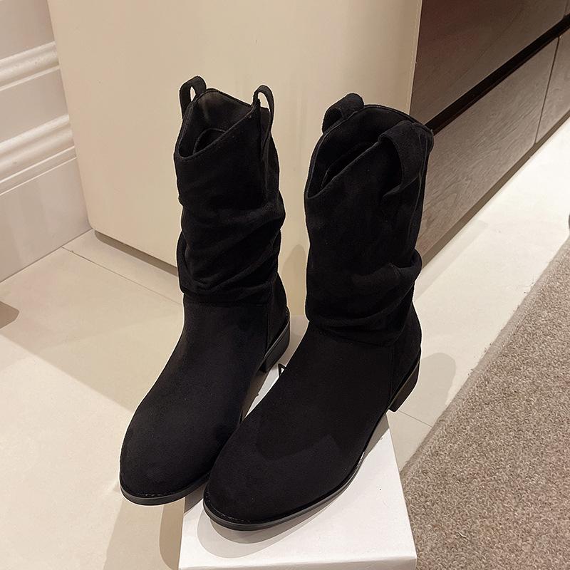 

Ретро короткие сапоги на толстом каблуке женские 2025 осень новые сапоги-рыцари с V-образным вырезом плиссированные сапоги-чулки западные ковбойские ботинки мартин 40 чёрный