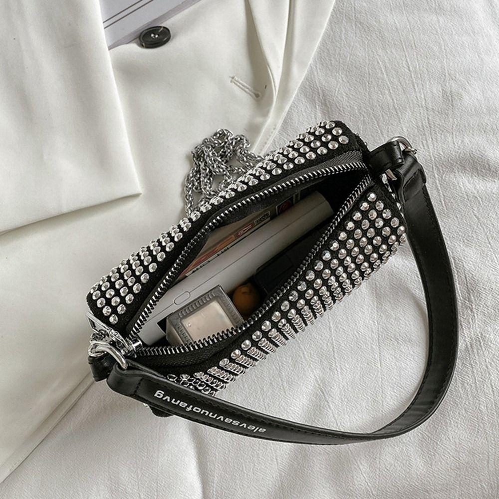 Large Capacity Small Square Bag Zipper Chain Shoulder Bag Personality Rhinestone Handbag  Party