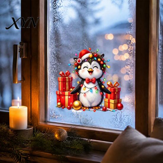 Decorative Glass Film for Doors Christmas Spotted Puppy/Penguin Static Window Sticker, Cute Watercolor Animal Stickers with Colorful Lights