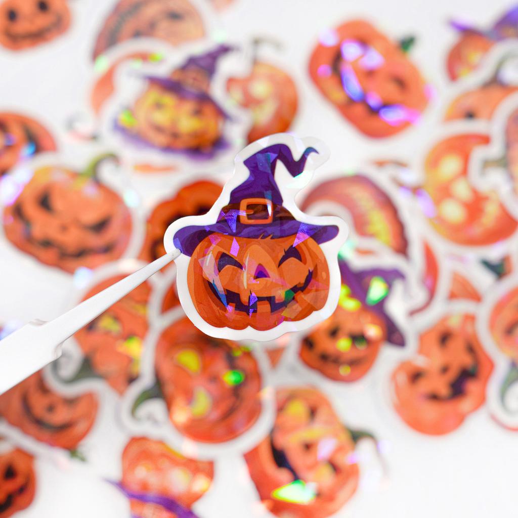 50 PCS Laser Pumpkin Sticker Halloween Stickers Holographic Flash Sticker for Gifts Cups Waterproof Removable Halloween Stickers