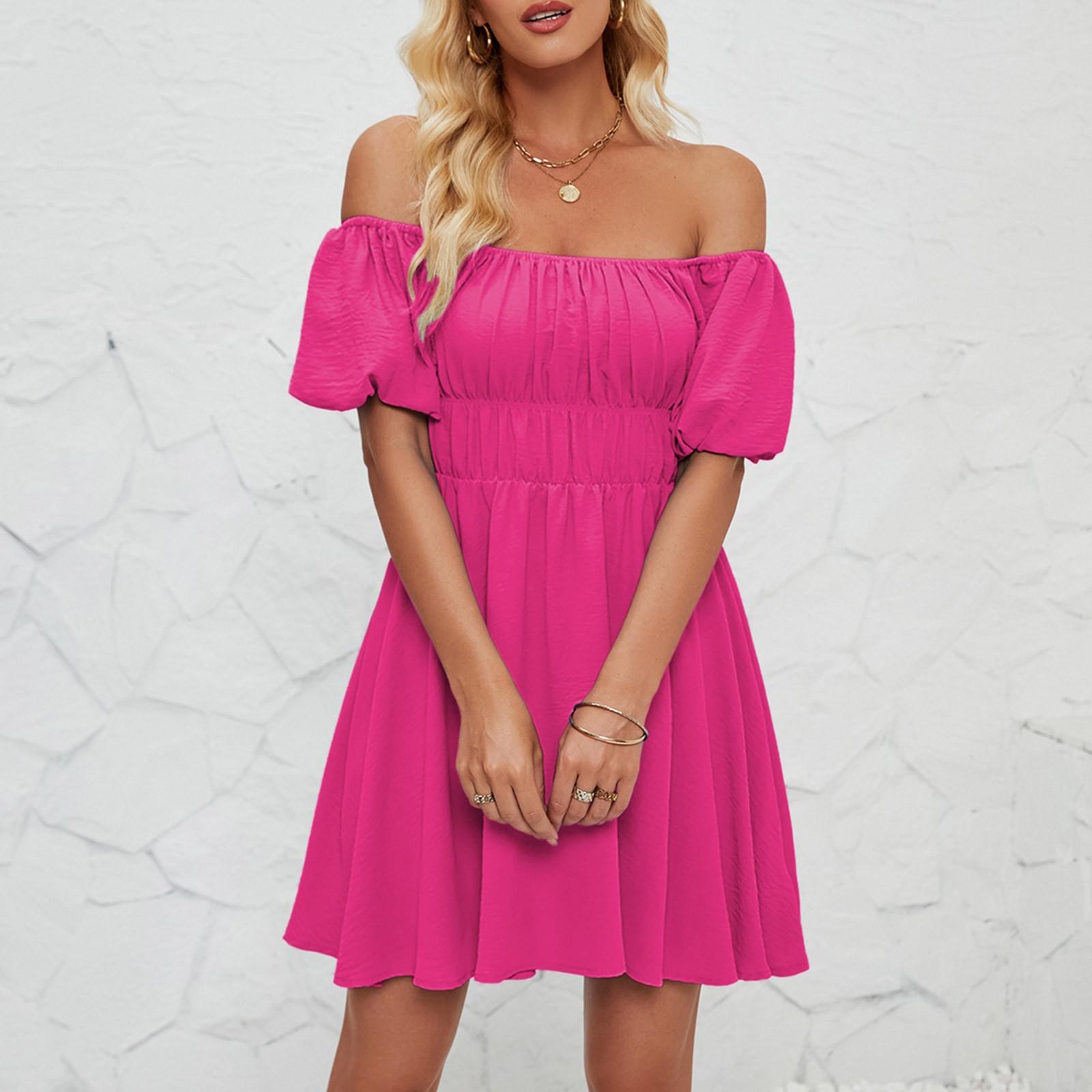 Женское модное однотонное платье с одной линией выреза и короткими рукавами — фото 8