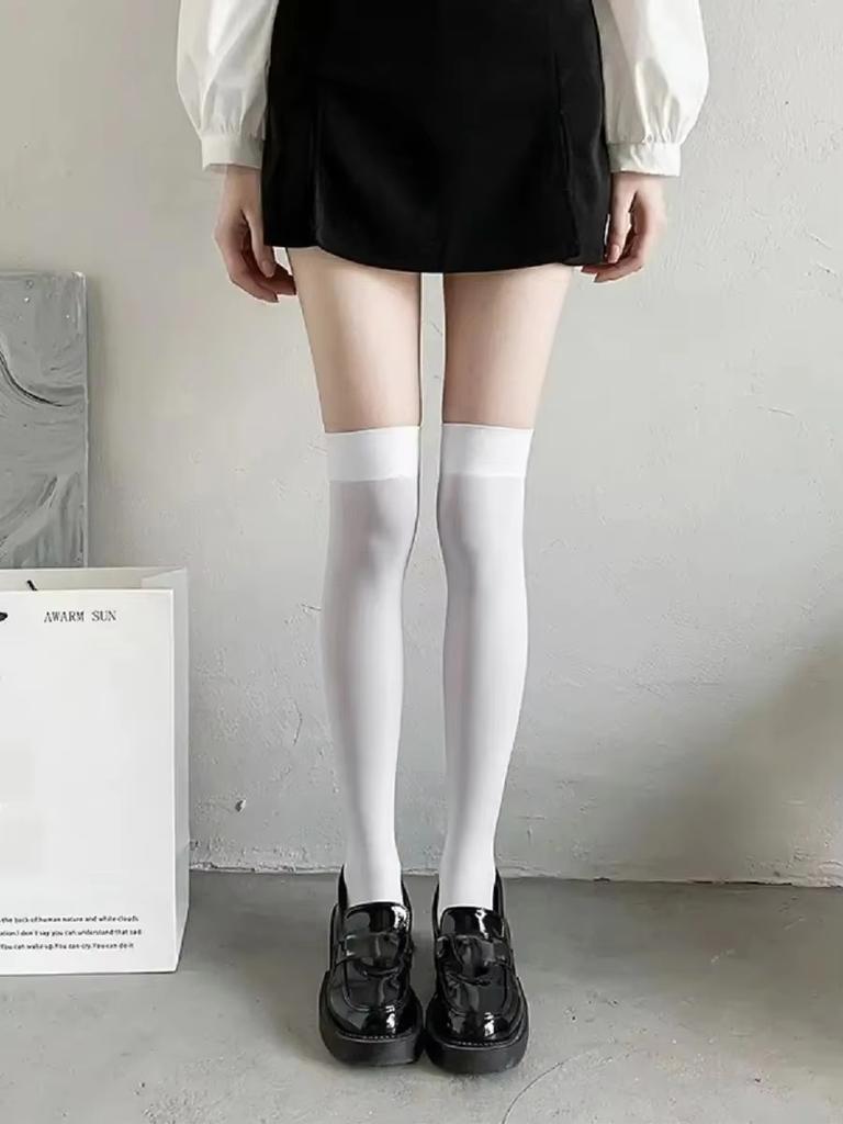 Stockings Summer Thin Thigh High Black White Socks Lolita Cute Solid Over the Knee White Stockings Socks