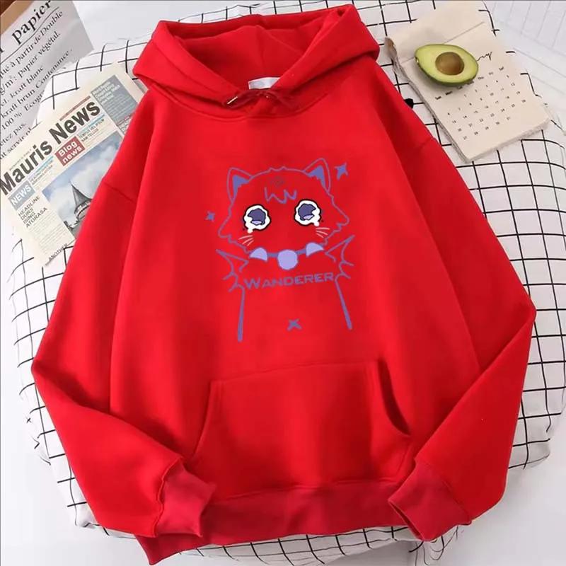 Genshin Impact Cartoon Cat Printed Hoodie Women Casual Autumn Winter Kawaii Harajuku Fleece Long Sleeve Sweatshirts