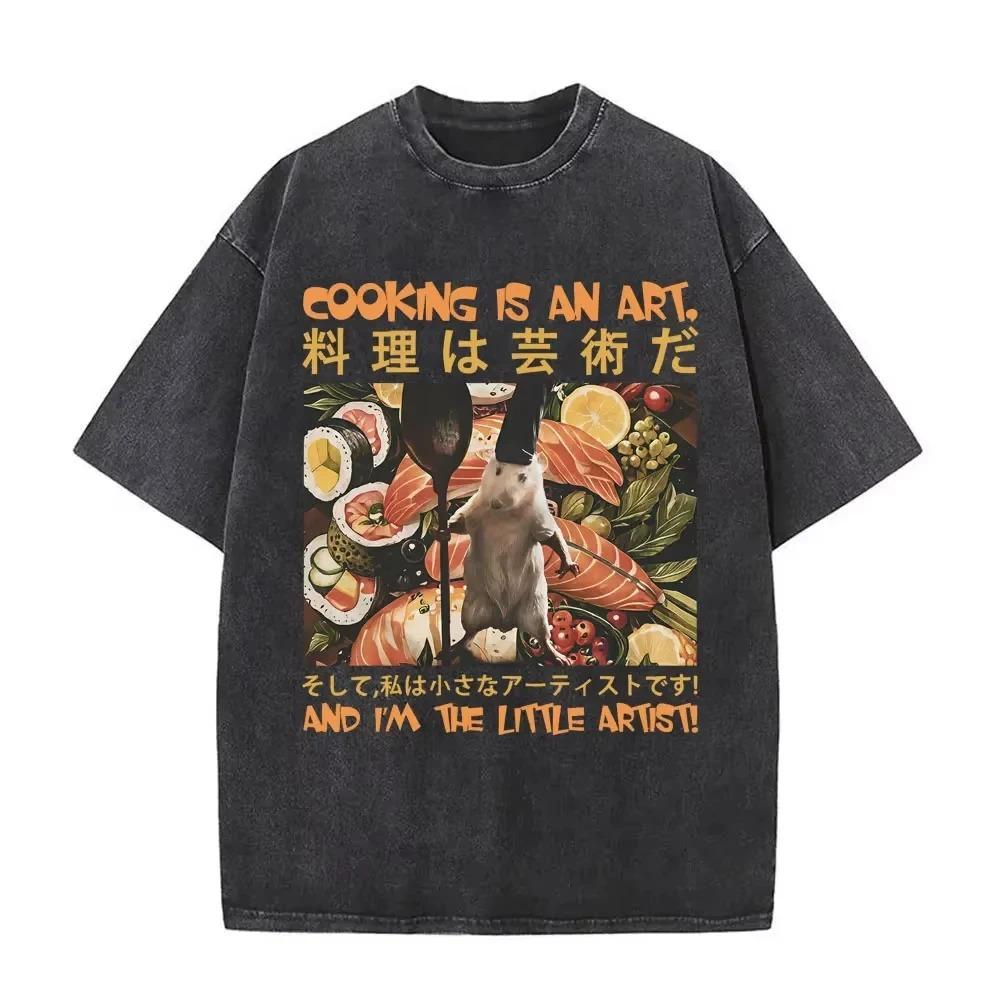 Cooking Is An Art Rat Chef & Sushi Graphic Print Vintage Washed Oversized Streetwear T-Shirt L