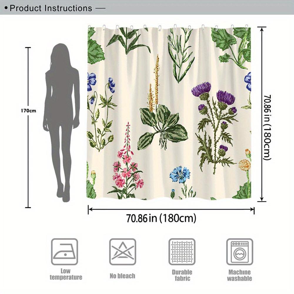 Vintage Botanical Flower Shower Curtain - Hand-Painted Flowers & Greenery, Nature-Inspired Bathroom Decor, All-Season