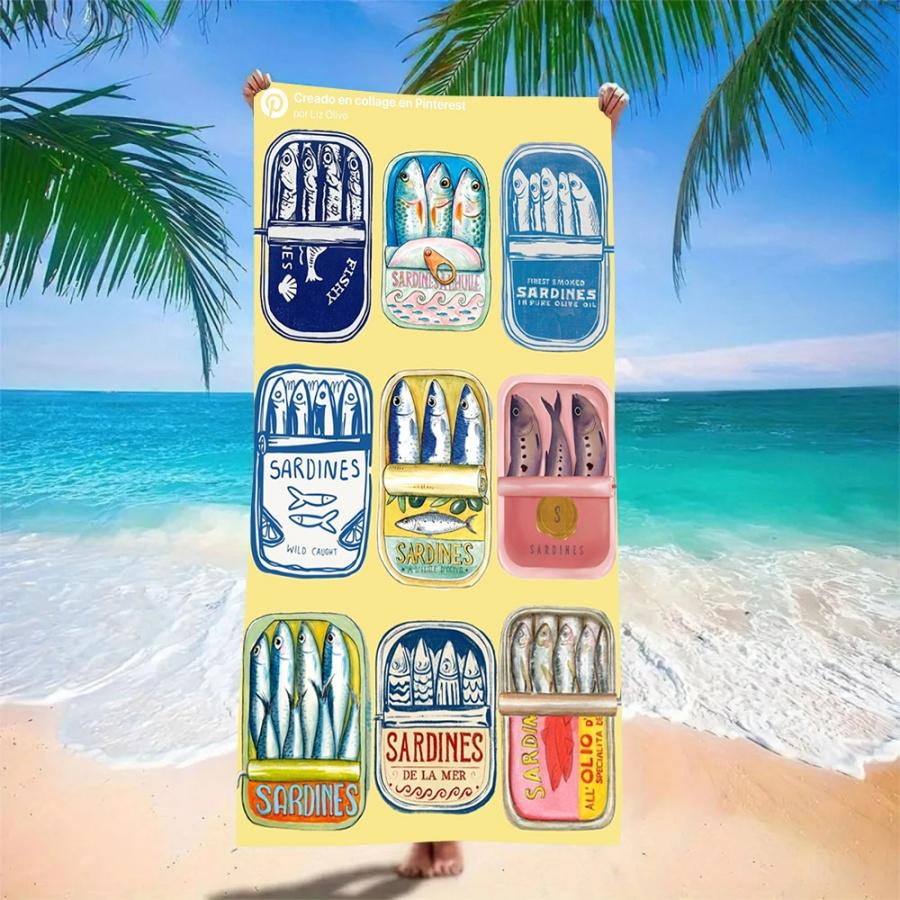 Retro Art Sardines Beach Towel - Quick Dry Microfiber with Red Pink Stripes & Fish Can Print, Fun Sand Free Blanket for Summer