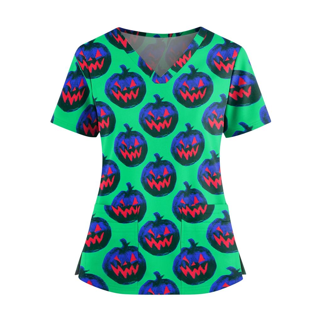 Womens V Neck Casual Halloween Print Top Short Sleeve Medical Scrub Shirt with Pockets Lightweight Comfortable Fit