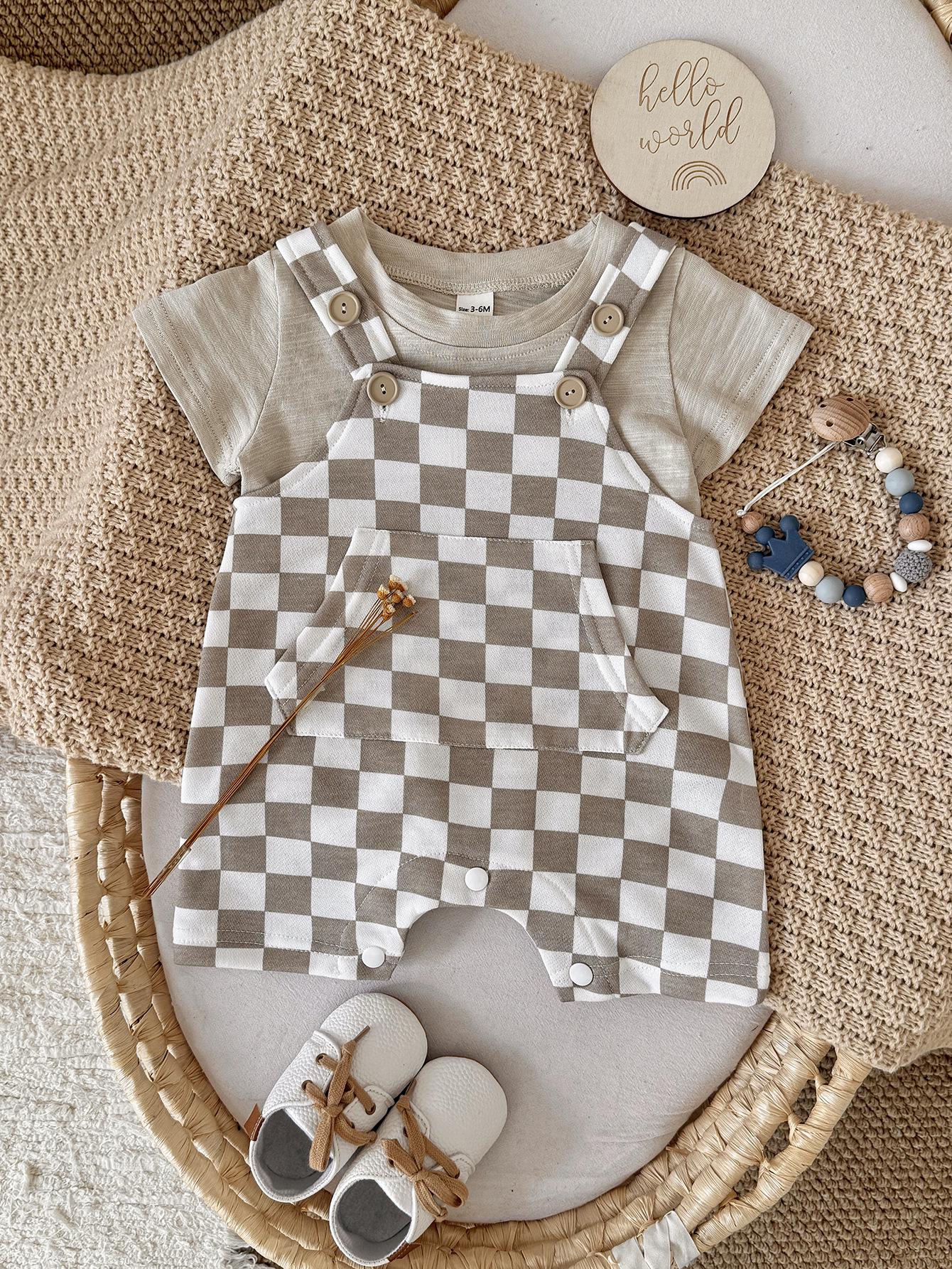 Plaid Summer Baby Onesie - Unisex Short Sleeve Romper for Outings 6-9M абрикосовый