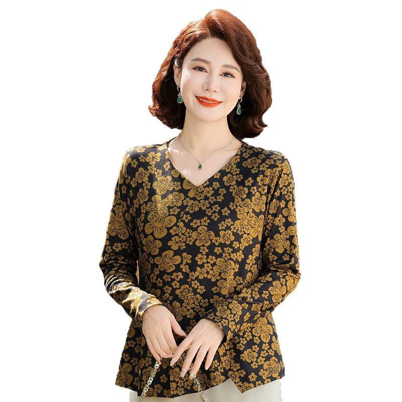 Fashionable Floral V-Neck Blouse for Middle-aged Women - Long-Sleeved Spring Top