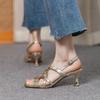 French New Gold Square Head Open-toed Sandals Women's Rear Strap Hollowed Out Summer Silver High Heels Women's Thin Heel Versatile