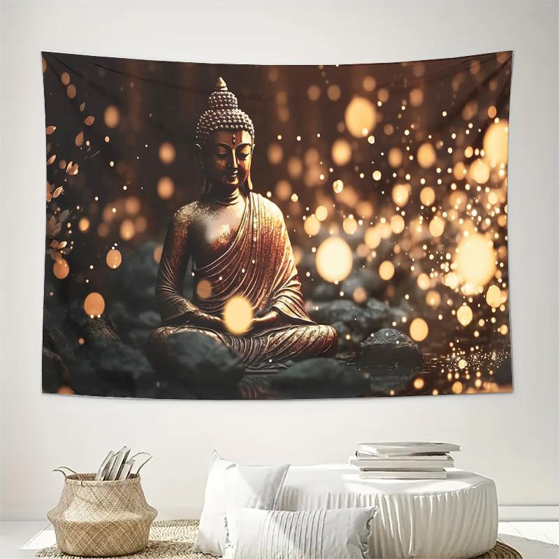 Golden Buddha Meditation Zen Light Bokeh Wall Tapestry Machine Washable All Season Decor Art Print Spiritual Peace Design Home
