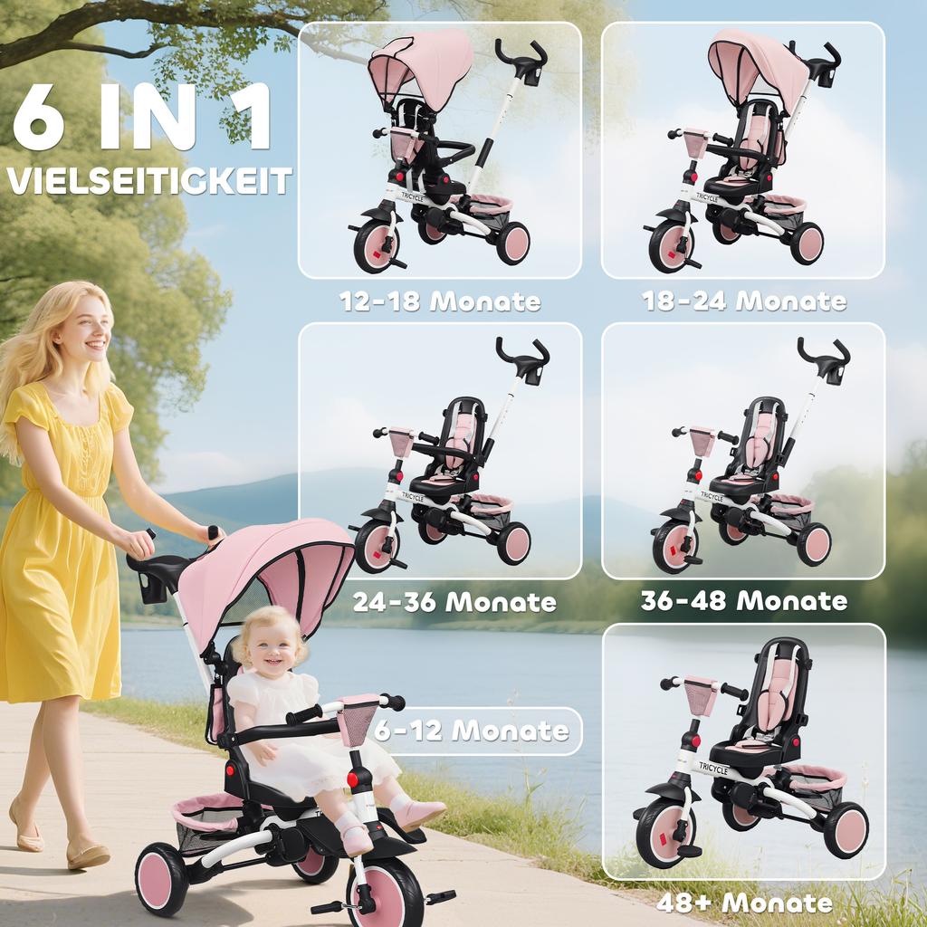 6 In 1 Foldable Kids Trike with Adjustable Parent Handle & Canopy for Ages 1-5, Pink