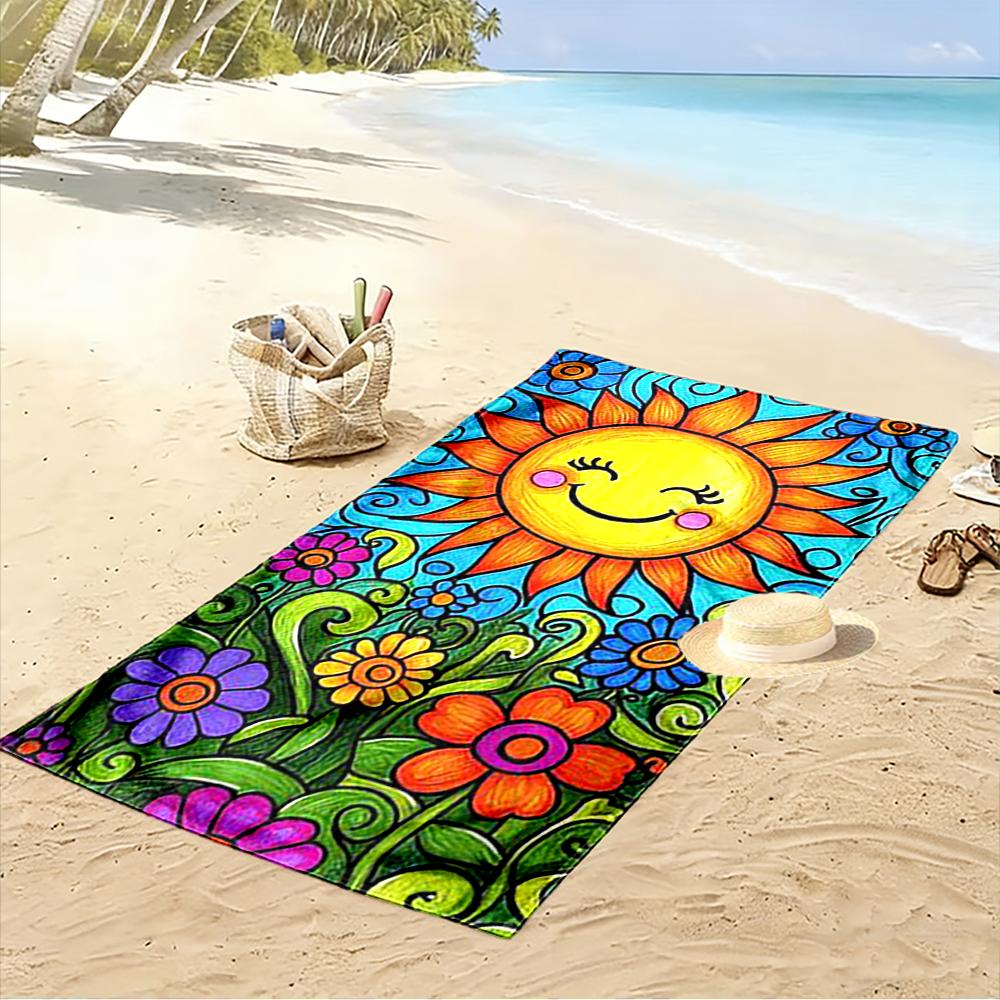 Colorful Smiling Sun with Flowers Design Beach towel quick-drying for travel outdoor sports jogging beach and swimming