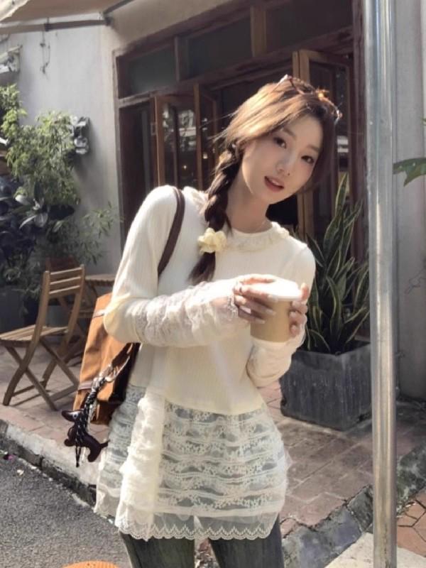 Women's Long-Sleeve Lace T-Shirt: Spring/Autumn Hot Girl Style, Fashionable, Relaxed, and Niche Design