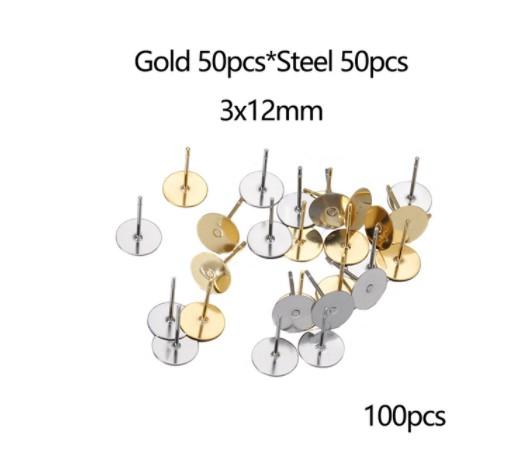 100pcs/lot 3 4 5 6 8 10 12 mm Stainless Steel Blank Earring Stud Base Cabochon Cameo Settings For DIY Jewelry Making Findings