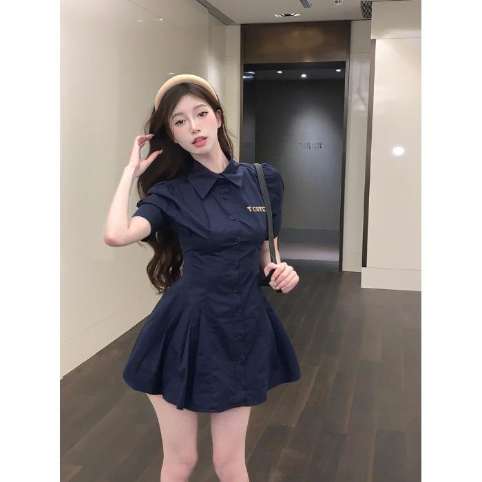 

College style lapel dress, thin summer short sleeves, waist folds, temperament breasted a-word skirt S синий