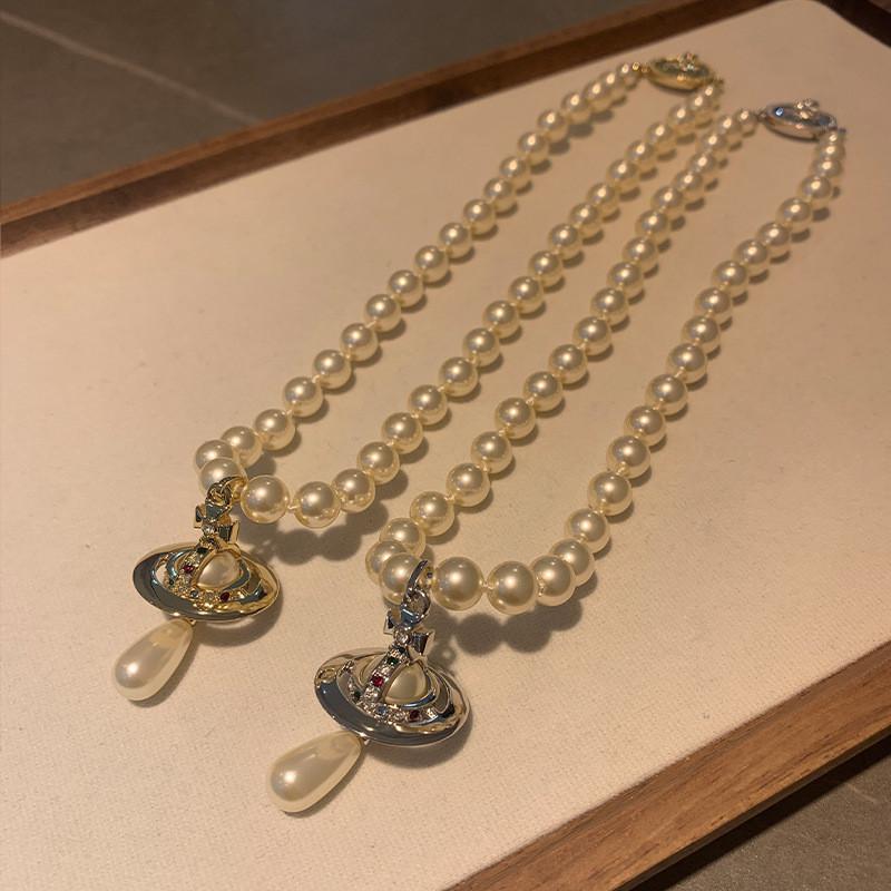 Empress Saturn Pearl Necklace With Geometric Pendant For Women