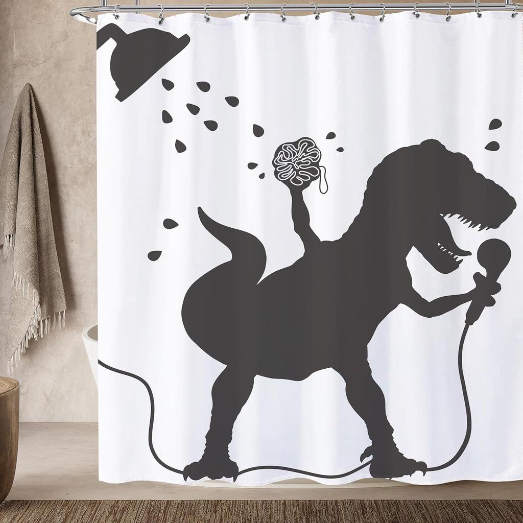 Funny Dinosaur Shower Curtain Kids Shower Curtains Set Cartoon Dino Raptor Silhouette Boys Bathroom Decor Fun Black White Fun
