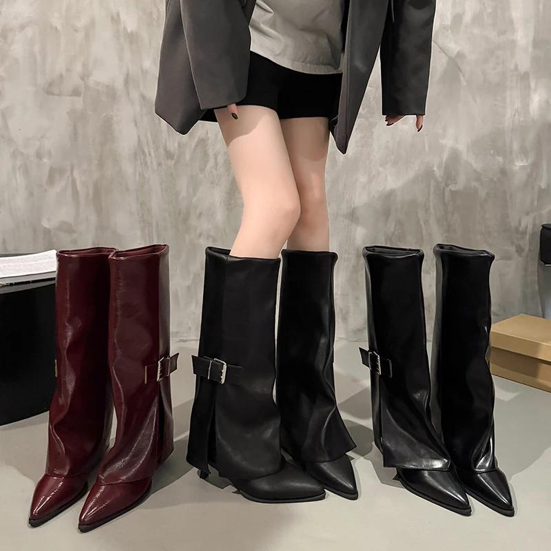 Shoes for Women 2025 New Autumn Pointed Toe Retro Knee-high Boots Fashion Versatile Lace-up Cuff Solid Large Size Women's Boots