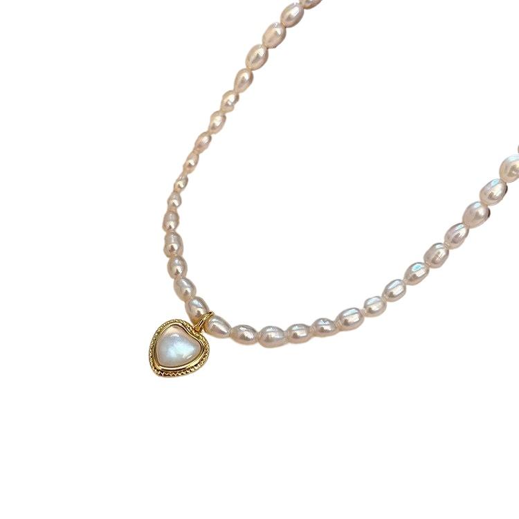 Elegant Women Rice Freshwater Pearl Beaded Clavicle Chain Heart Shape Shell Pendant Fashion Internet Celebrity Party Necklace