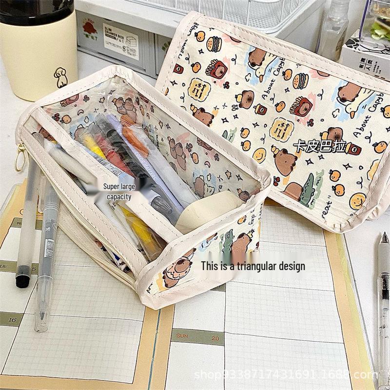 Capybara Large Capacity Semi-Transparent Pencil Case - Triangle Stationery Bag for Students