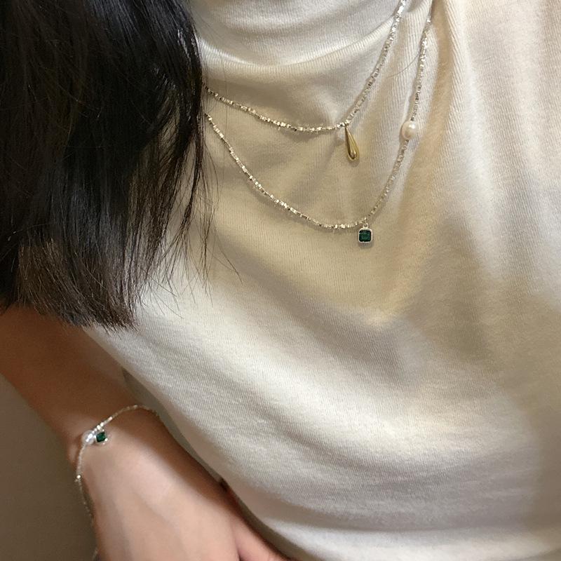 S925 Sterling Silver Korean Fashion Green Zircon Necklace & Handmade Bracelet Set - Trendy Clavicle Chain.