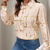 Women Street Wear Blouse Geometric Patterns Turndown Collar Chiffon Long Sleeve T-Shirt Ladies Tee Top
