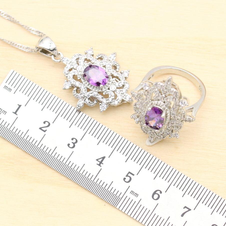 Neue Lila Kristall Schmucksets für Frauen Hochzeit Zirkonia Halskette Anhänger Ohrringe Ring Party Geschenk