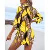 Women's Casual Long-sleeved V-neck Printed Drawstring Short Dress On Both Sides