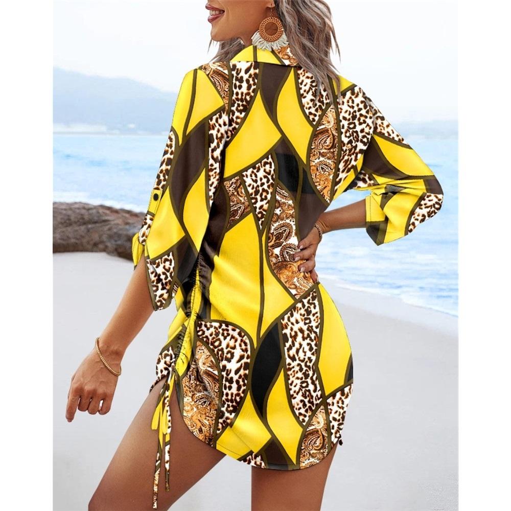 Women's Casual Long-sleeved V-neck Printed Drawstring Short Dress On Both Sides