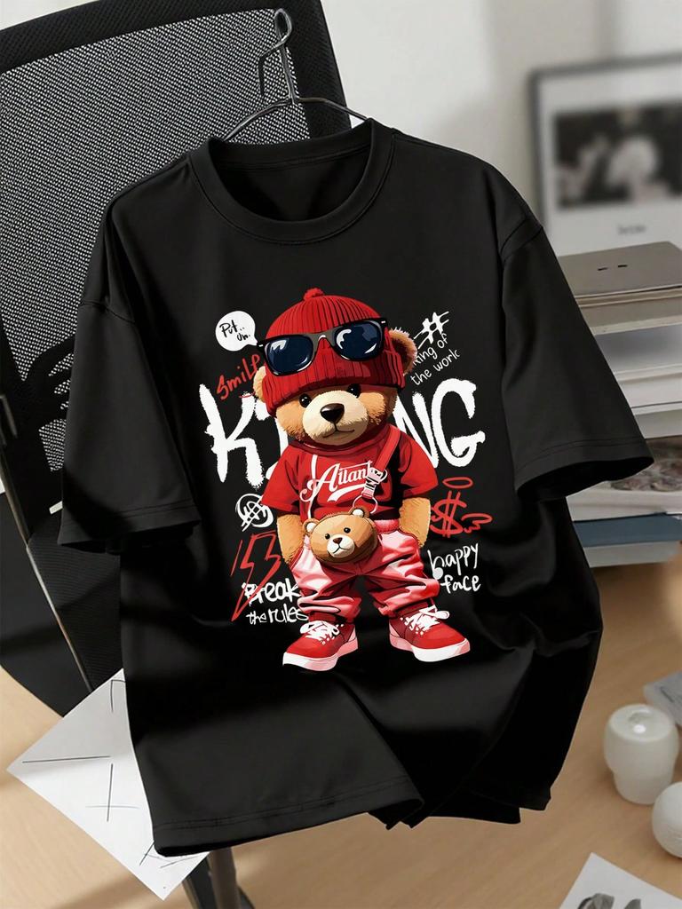 New Style Cartoon Bear Graphic T-shirt Men Casual Loose O-Neck Fashion Top Loose Breathable Cotton Short Sleeve Comfortable Top