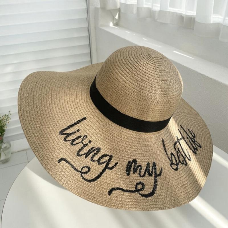 Versatile straw hat women's large brim floppy disk hat summer beach vacation wind letter sunshade sun protection hat
