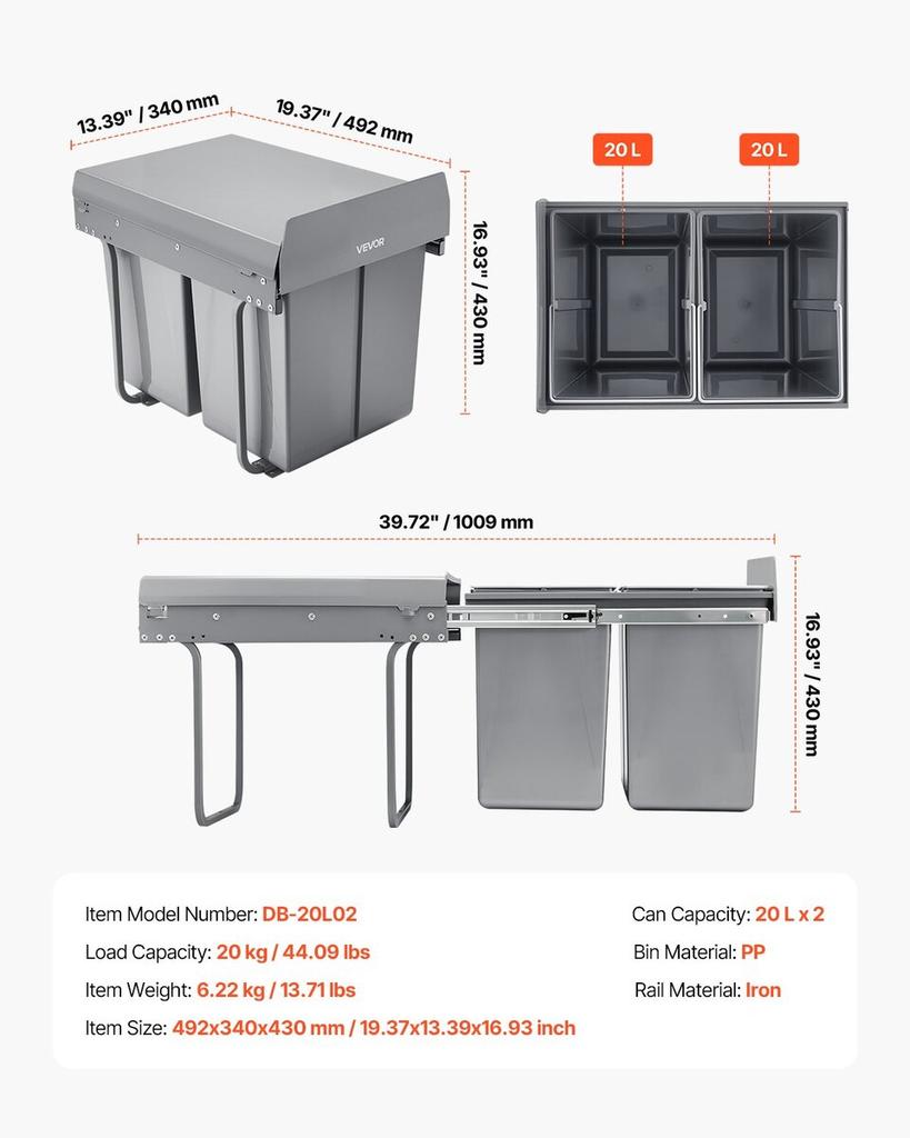 Double 20Lx2 Pullout Waste Container Under Cabinet Kitchen Bin Trash Can