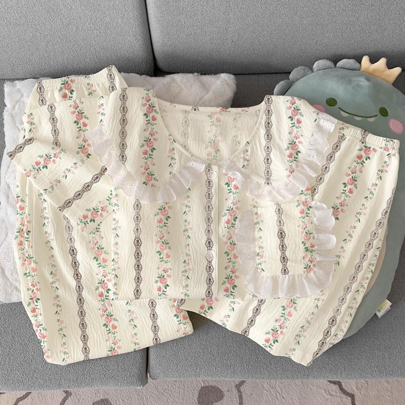 High-Value Retro Flower Sweet Cloud Cotton Pajamas Women'S Summer Doll Collar Lace Loungewear Three-Piece Set