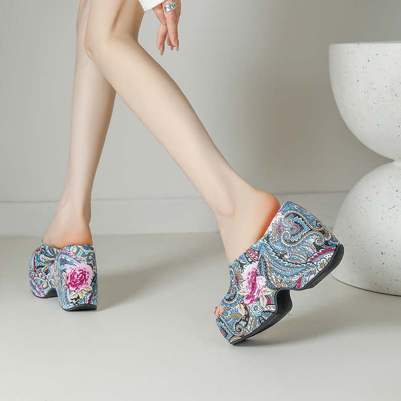 Krazing Pot Mules Polyurethane Spring Summer Size 43 Size 42 Summer Prints Skin Women Platform Women Peep Toe Slip On Sandals
