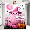 Playful Pink Halloween Ghost Print Throw Blanket, Cozy Fall Decor Blankets And Throws with Cute Witch Hat Ghost, Pumpkins & Spoo