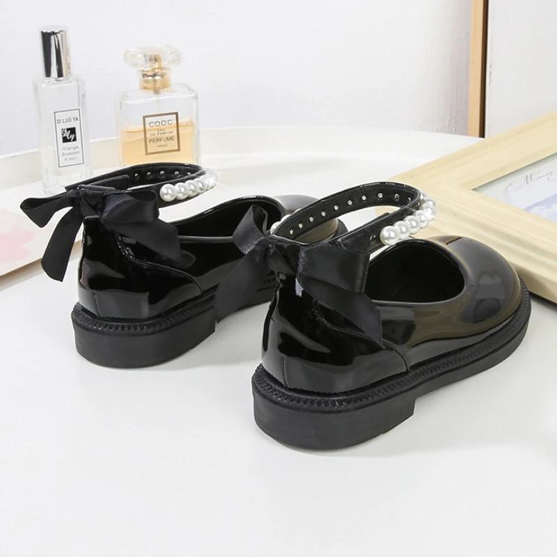 Black Shoes for Girl Back Bow Ankle Strap Sweet Children Leather Shoes Round Toe Beading Glossy Fashion Kid Autumn School Shoes