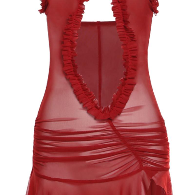 Weird Mesh Ruffles Women New Prom Dress Hollow See Through Irregular Side Split Outfit Folds Skinny Sexy Elastic Pretty Mini Midnight Clothing