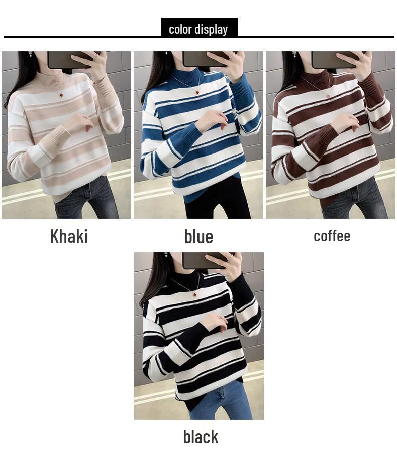 Women's Stylish Striped Loose Sweater - Thickened Half-High Collar Base Layer for Autumn/Winter