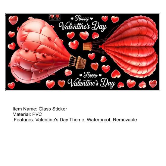 Hot Air Balloon Window Cling Happy Valentine's Day Heart Shape Balloon Static Glass Sticker Waterproof Wedding Holiday Party Window Decoration Decal