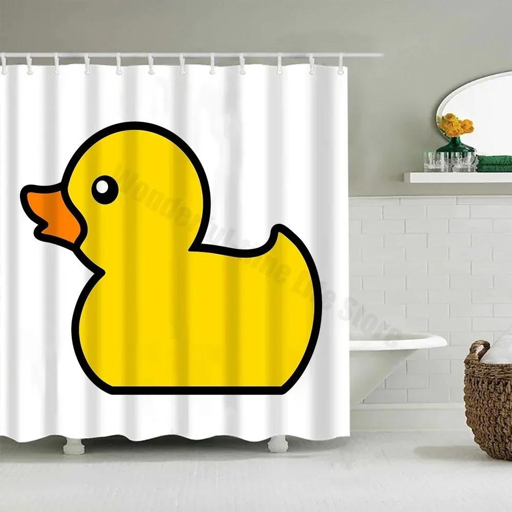 Cute Little Yellow Duck Shower Curtain Cartoon Funny Smiley Face Bathroom Waterproof Bath Duck Fabric 12 Hooks Bathroom Decor