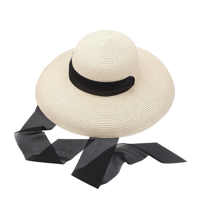 

GEMVIE Elegant Wide Brim Women Straw Hat Summer Beach Paper Sun Hats with Long Black Ribbon 56-58cm бежевий